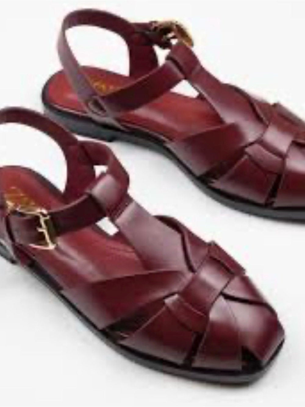 Zara Burgundy Leather Woven Fisherman Sandals with Gold Buckle - Picture 2 of 3